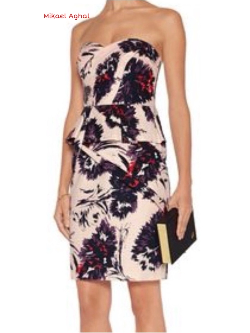 MIKAEL AGHAL 
Strapless Floral Peplum Dress in Light Pink